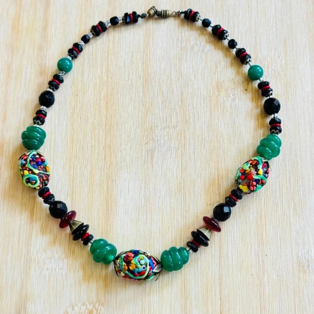 Vtg Confetti Glass Necklace Beaded Venetian Murano Art Deco Italy Colorful 17